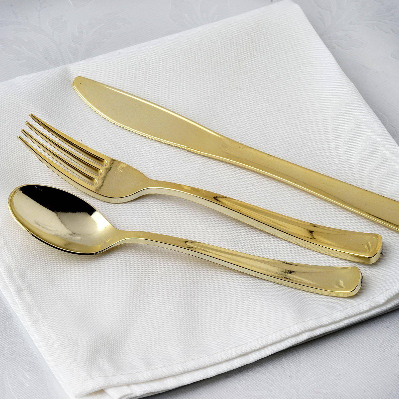 24-Pack Plastic Utensil Set Metallic Gold Classic Heavy Duty - Decorative Disposable Tableware 7", 8"
