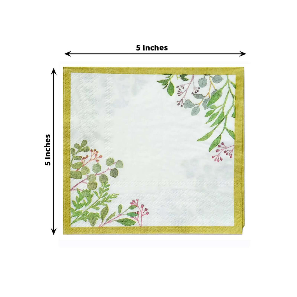 24 - Pack Paper Dinner Napkins with Eucalyptus Design White Tropical Greenery 2 Ply - Soft 18GSM Wedding Cocktail Napkins 5" - Bell Racket Store