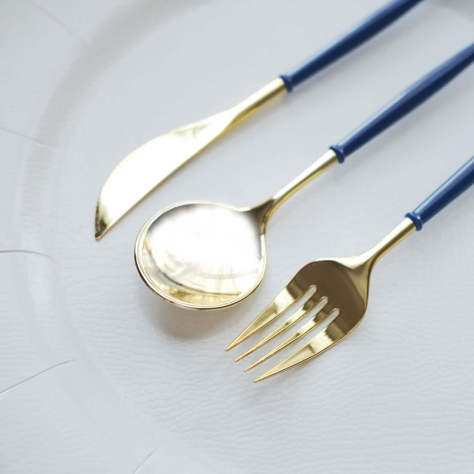 24 - Pack Plastic Flatware Set in Metallic Gold with Royal Blue Handle - Heavy Duty Disposable Modern Silverware 8" - Bell Racket Store