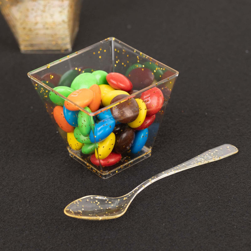 24 - Pack Plastic Square Dessert Cups Clear with Gold Glitters - Disposable Snack Serving Bowls and Spoon Set for Parties, Events & Banquets 2oz - Bell Racket Store