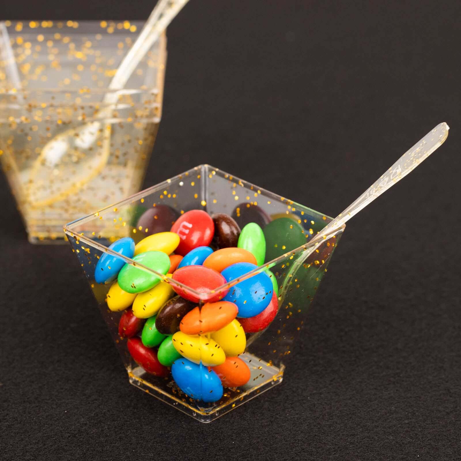 24 - Pack Plastic Square Dessert Cups Clear with Gold Glitters - Disposable Snack Serving Bowls and Spoon Set for Parties, Events & Banquets 2oz - Bell Racket Store