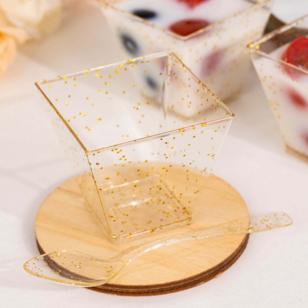 24 - Pack Plastic Square Dessert Cups Clear with Gold Glitters - Disposable Snack Serving Bowls and Spoon Set for Parties, Events & Banquets 2oz - Bell Racket Store