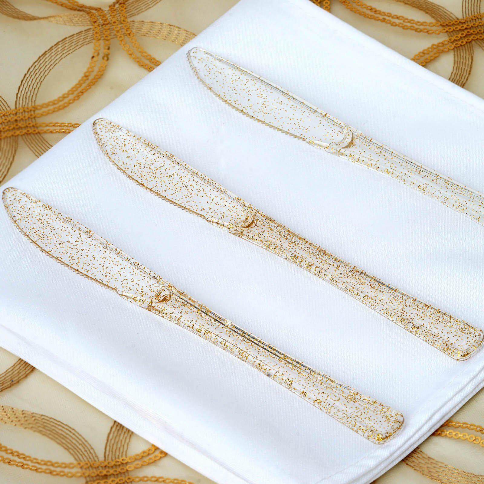 25-Pack Plastic Knives Clear Gold Glitter Classic Heavy Duty - Decorative Disposable Cutlery 7"