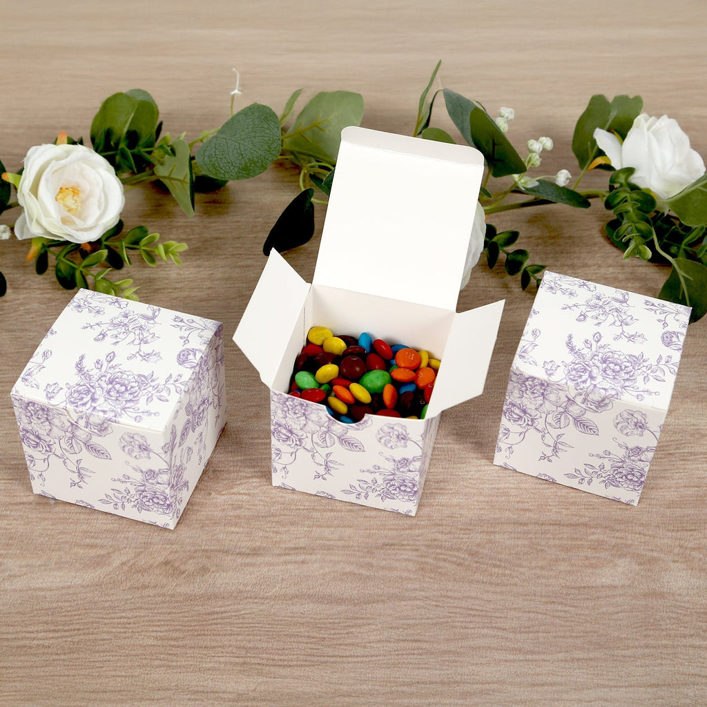 25 Pack Candy Treat Favor Boxes in French Toile Pattern - Matte Lavender and White Party Gift Boxes, Cardstock Paper - 3"x3" - Bell Racket Store