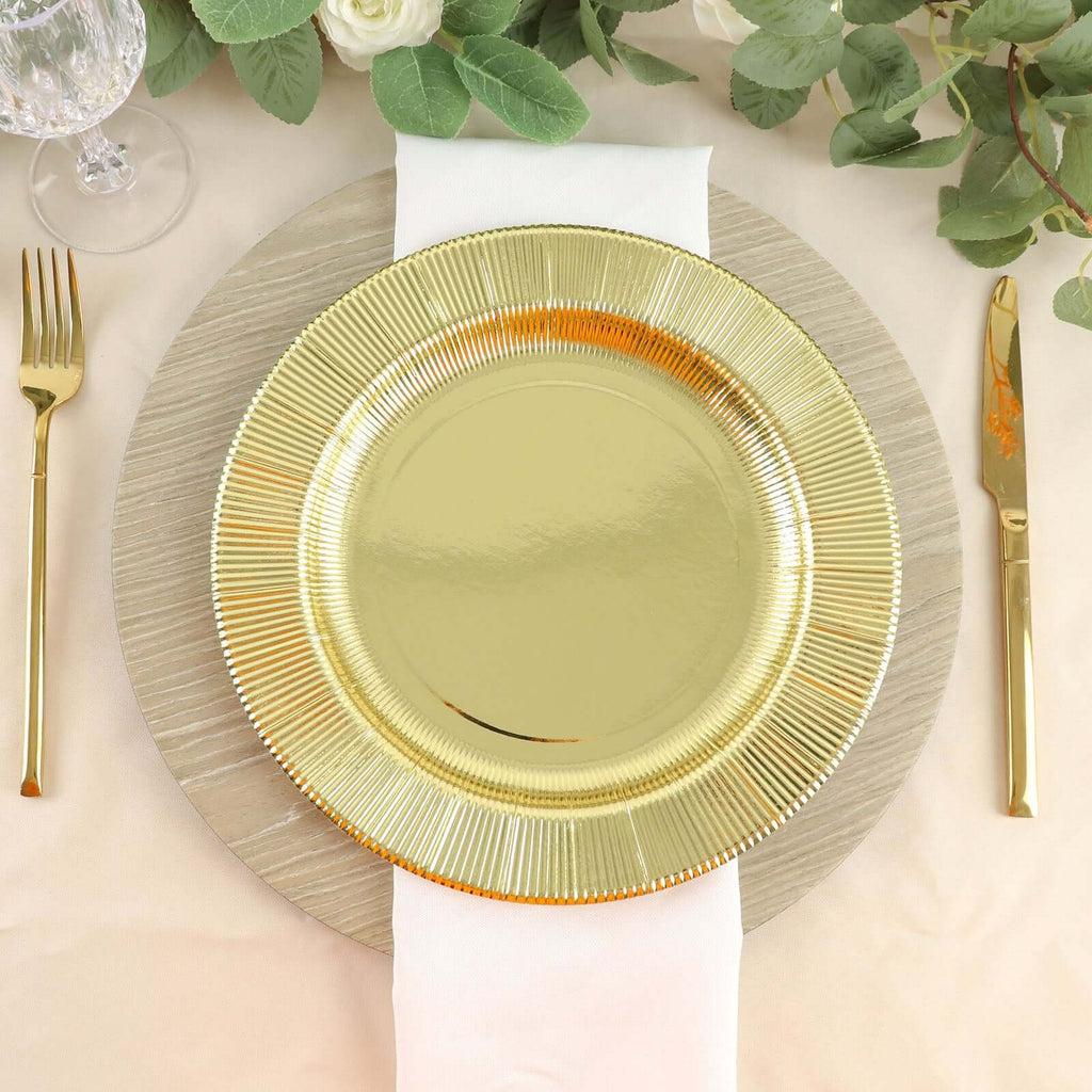 25 - Pack Paper 10" Round Dinner Plates in Metallic Gold Sunray Design - Disposable Heavy Duty 350GSM Party Plates - Bell Racket Store