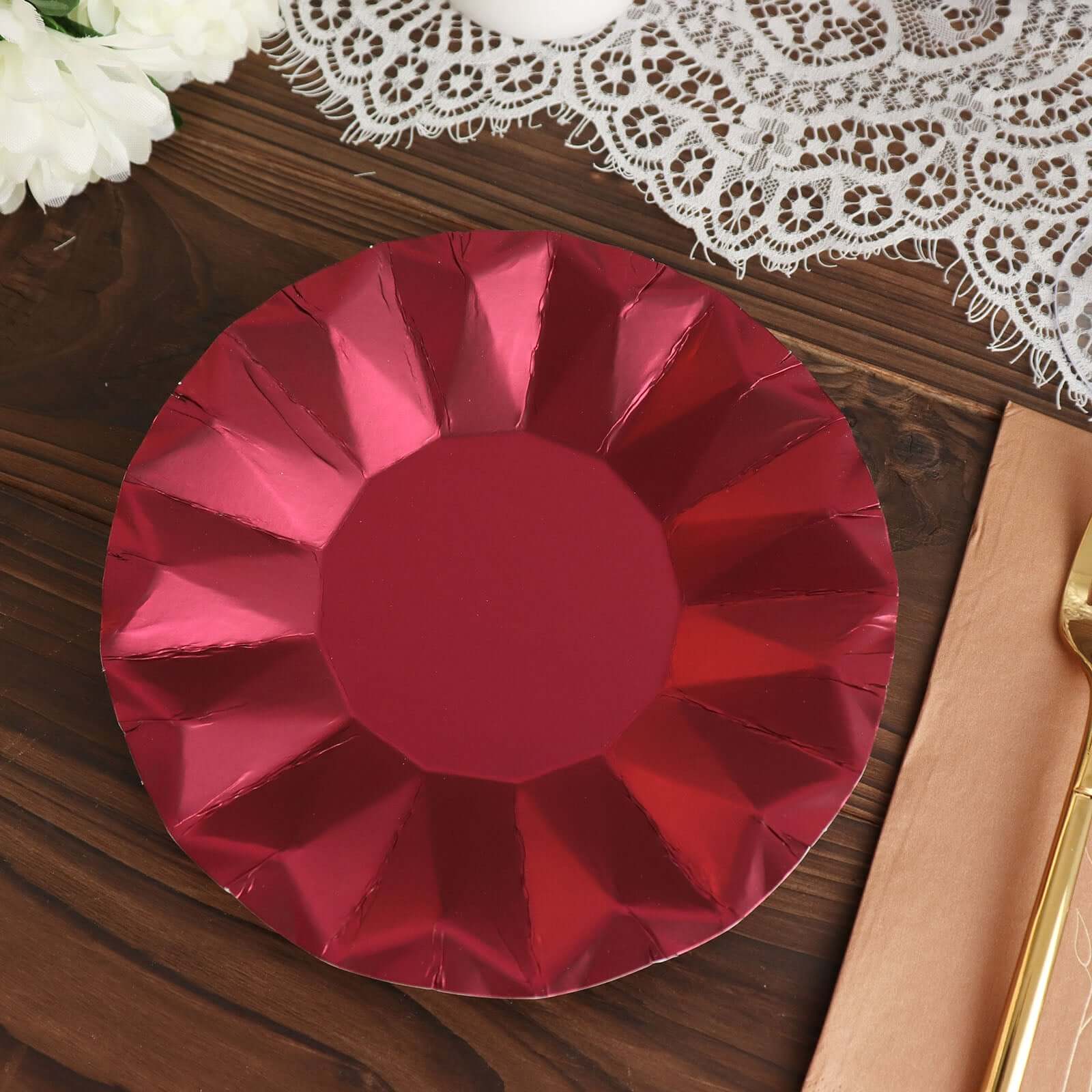 25 - Pack Paper 7" Round Dessert Plates in Burgundy with Geometric Prism Rim - Disposable 400GSM Appetizer Salad Plates - Bell Racket Store