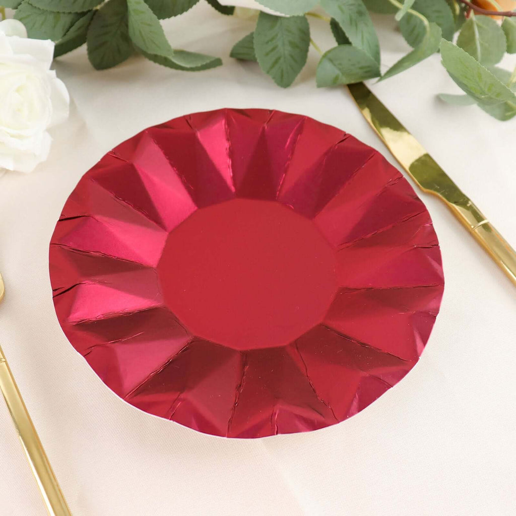 25 - Pack Paper 7" Round Dessert Plates in Burgundy with Geometric Prism Rim - Disposable 400GSM Appetizer Salad Plates - Bell Racket Store