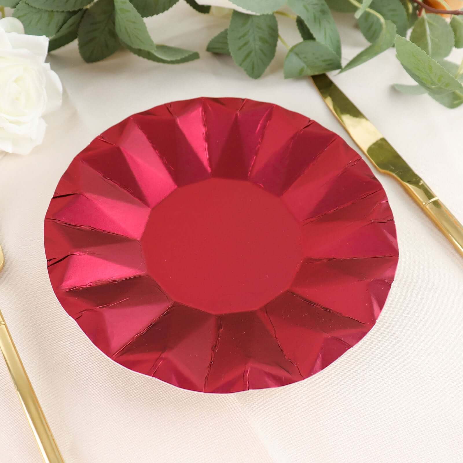 25 - Pack Paper 7" Round Dessert Plates in Burgundy with Geometric Prism Rim - Disposable 400GSM Appetizer Salad Plates - Bell Racket Store