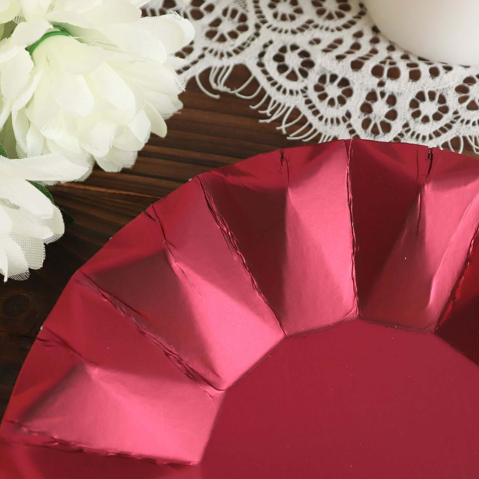 25 - Pack Paper 7" Round Dessert Plates in Burgundy with Geometric Prism Rim - Disposable 400GSM Appetizer Salad Plates - Bell Racket Store