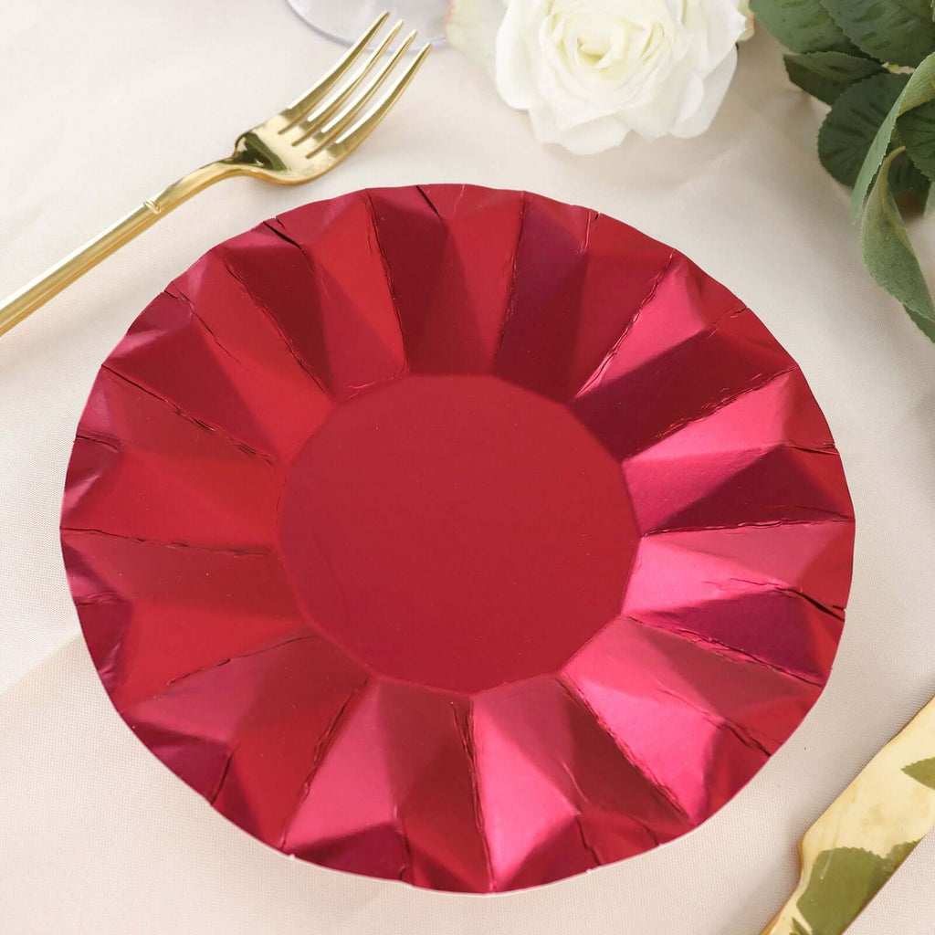 25 - Pack Paper 7" Round Dessert Plates in Burgundy with Geometric Prism Rim - Disposable 400GSM Appetizer Salad Plates - Bell Racket Store