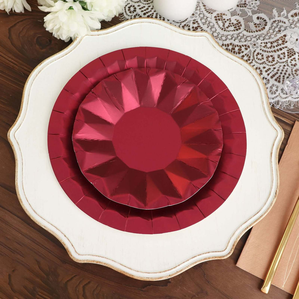 25 - Pack Paper 7" Round Dessert Plates in Burgundy with Geometric Prism Rim - Disposable 400GSM Appetizer Salad Plates - Bell Racket Store