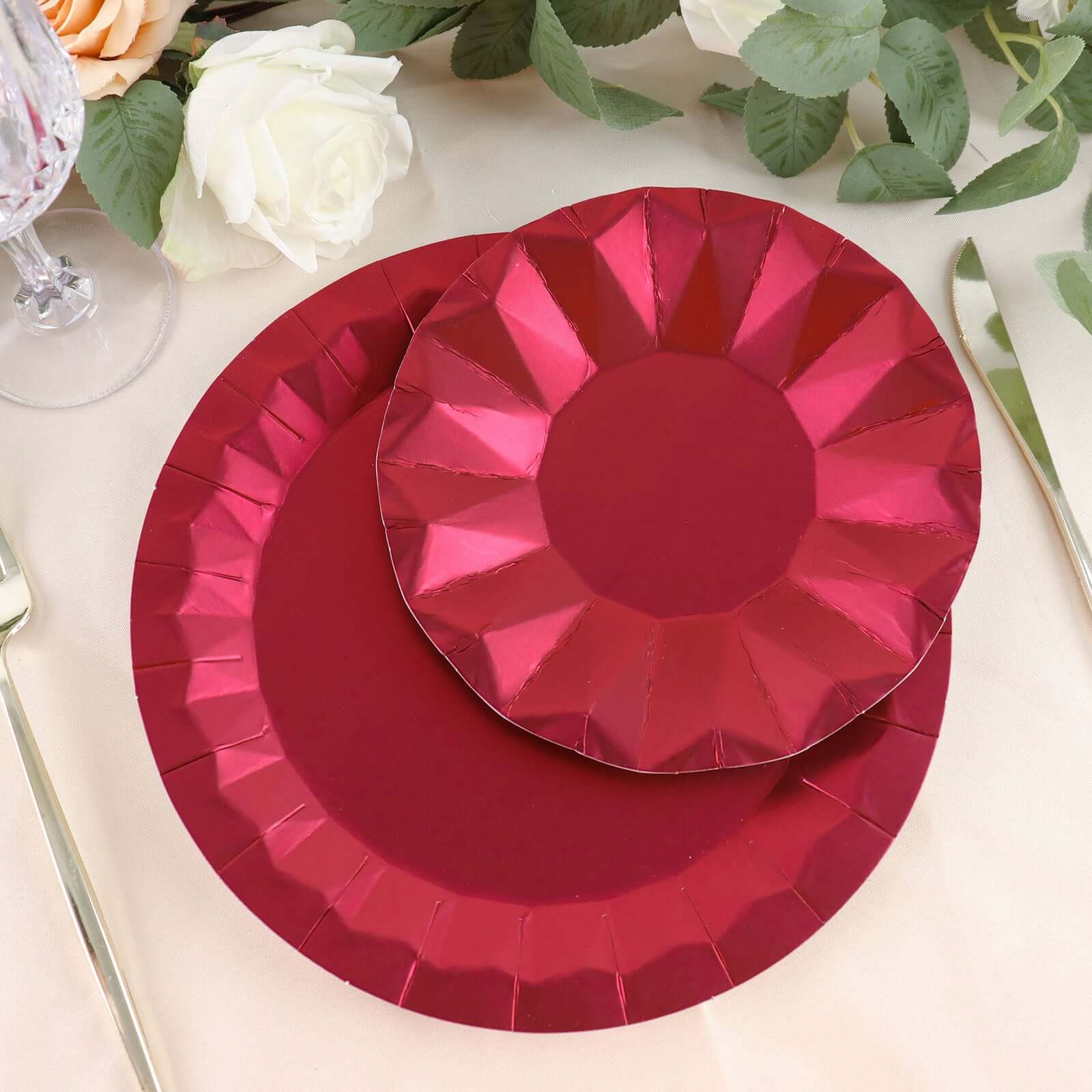 25 - Pack Paper 7" Round Dessert Plates in Burgundy with Geometric Prism Rim - Disposable 400GSM Appetizer Salad Plates - Bell Racket Store