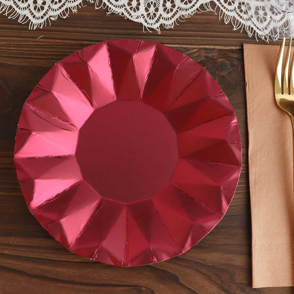 25 - Pack Paper 7" Round Dessert Plates in Burgundy with Geometric Prism Rim - Disposable 400GSM Appetizer Salad Plates - Bell Racket Store