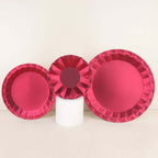 25 - Pack Paper 7" Round Dessert Plates in Burgundy with Geometric Prism Rim - Disposable 400GSM Appetizer Salad Plates - Bell Racket Store