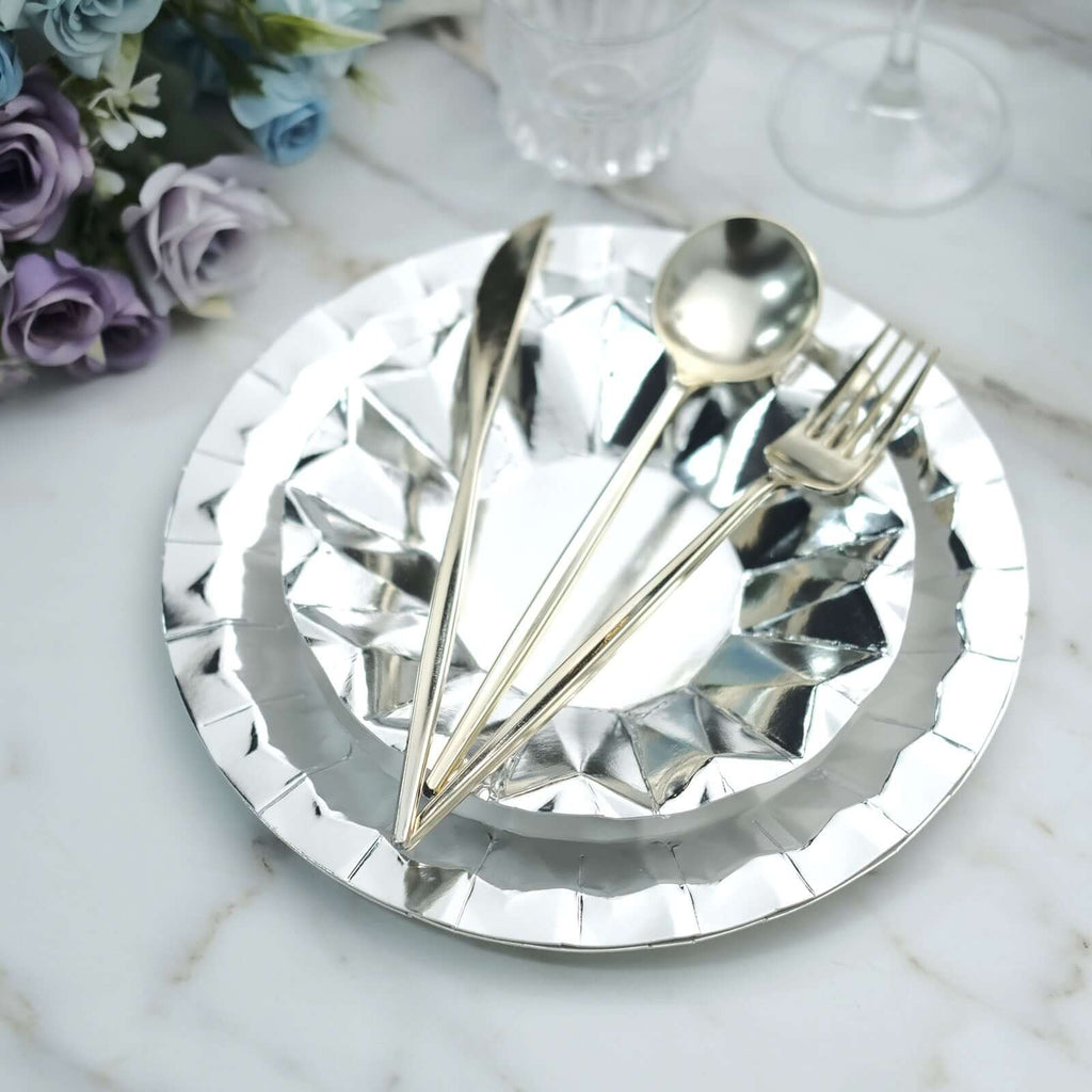 25 - Pack Paper 7" Round Dessert Plates in Metallic Silver with Geometric Prism Rim - Disposable 400GSM Appetizer Salad Plates - Bell Racket Store