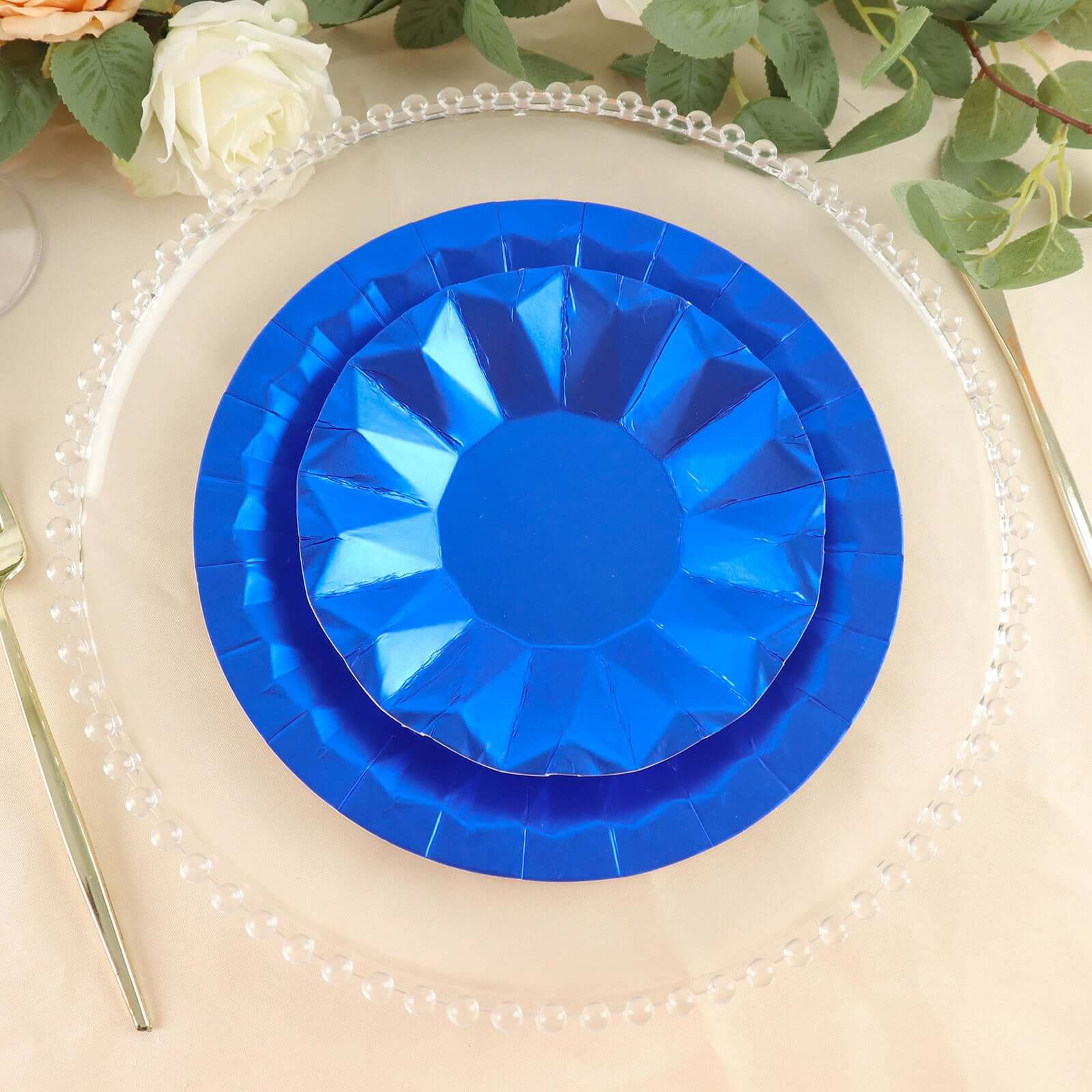 25 - Pack Paper 7" Round Dessert Plates in Royal Blue with Geometric Prism Rim - Disposable 400GSM Appetizer Salad Plates - Bell Racket Store