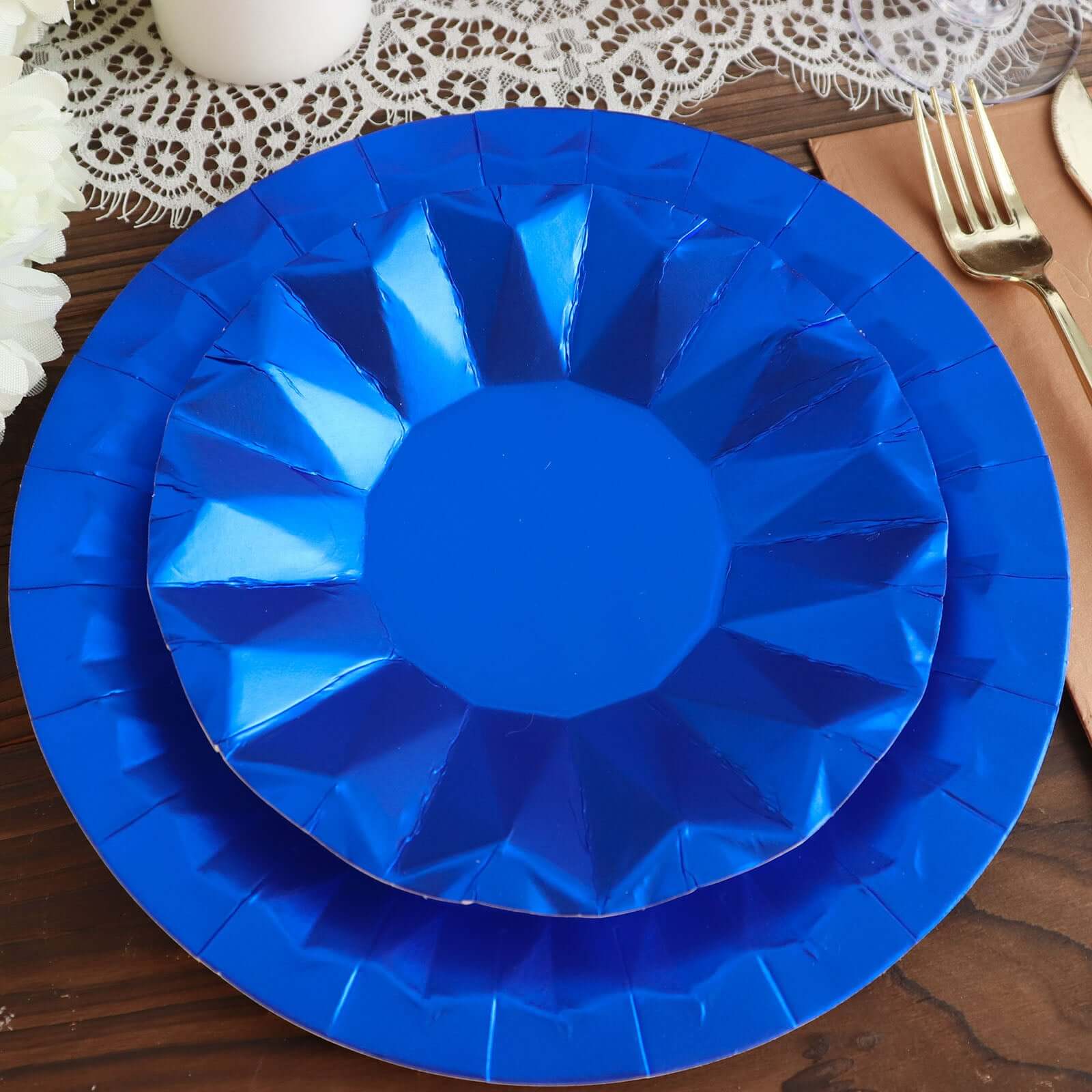 25 - Pack Paper 7" Round Dessert Plates in Royal Blue with Geometric Prism Rim - Disposable 400GSM Appetizer Salad Plates - Bell Racket Store
