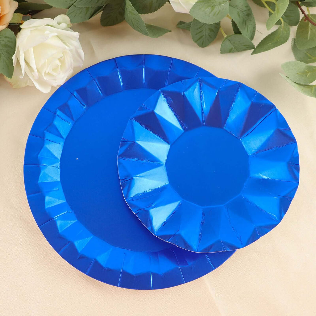 25 - Pack Paper 7" Round Dessert Plates in Royal Blue with Geometric Prism Rim - Disposable 400GSM Appetizer Salad Plates - Bell Racket Store