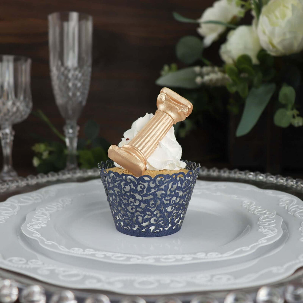 25 - Pack Paper Cupcake Wrappers Lace Laser Cut Design Navy Blue - Muffin Baking Cup Trays for Events - Bell Racket Store
