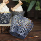 25 - Pack Paper Cupcake Wrappers Lace Laser Cut Design Navy Blue - Muffin Baking Cup Trays for Events - Bell Racket Store