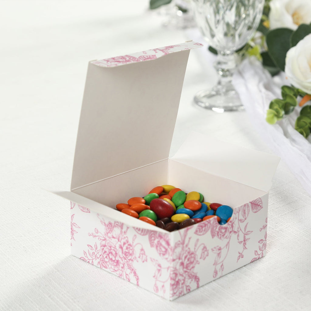 25 Pack Party Favors Boxes in French Toile Pattern, Matte Pink and White Candy Gift Boxes - Cardstock Paper - 4"x4"x2" - Bell Racket Store