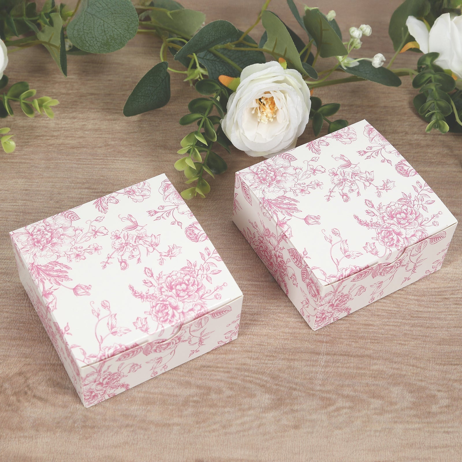 25 Pack Party Favors Boxes in French Toile Pattern, Matte Pink and White Candy Gift Boxes - Cardstock Paper - 4"x4"x2" - Bell Racket Store