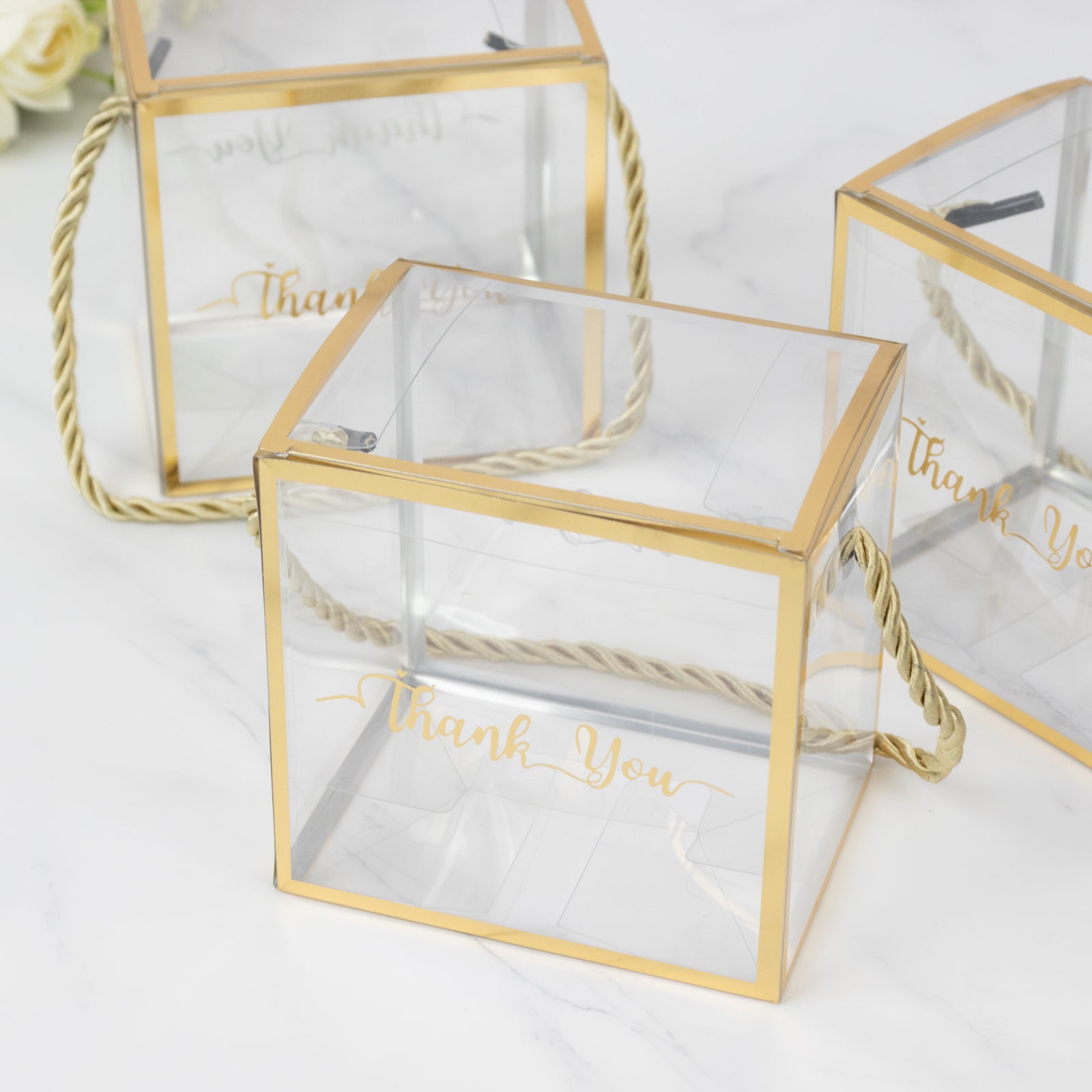 25 Pack Plastic Clear Square Gift Boxes with Gold Trim - Transparent Favor Boxes, Rope Handle, Pre - Printed Thank You Message - 4"x4" - Bell Racket Store