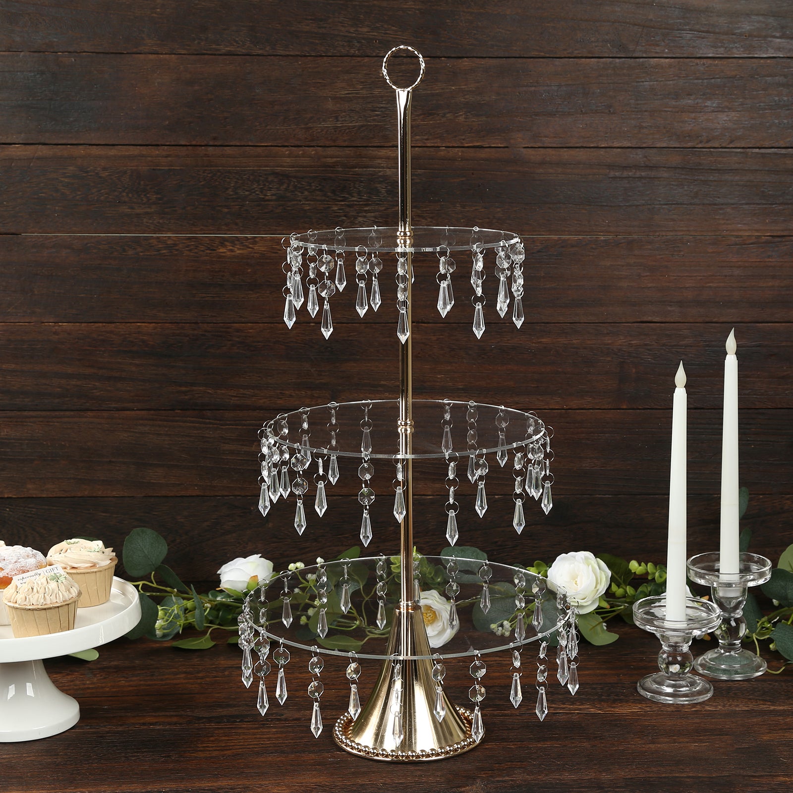 3 - Tier Gold Cupcake Stand â€“ 2ft Acrylic and Metal Dessert Display Tower with Hanging Crystals - Bell Racket Store