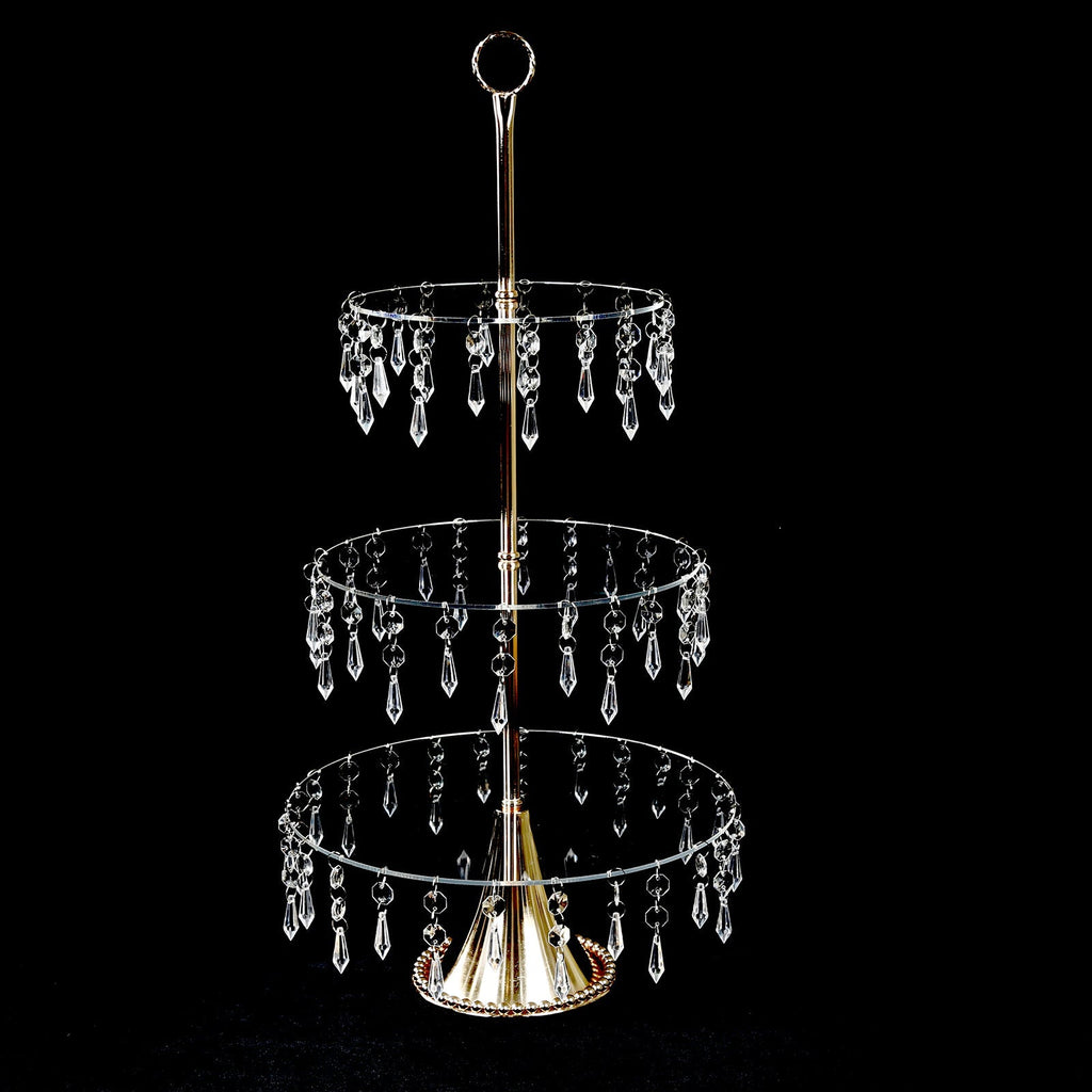 3 - Tier Gold Cupcake Stand â€“ 2ft Acrylic and Metal Dessert Display Tower with Hanging Crystals - Bell Racket Store