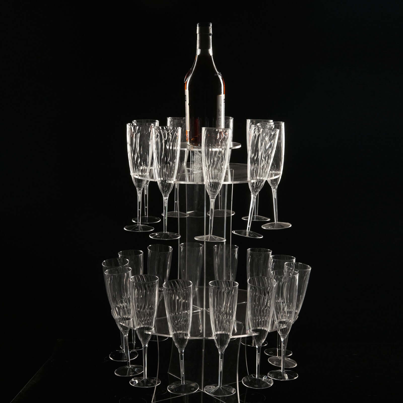 3 - Tier Round Champagne Glass Holder Tower Clear Acrylic + 1 Bottle for Professional & Home Use 21" - Bell Racket Store