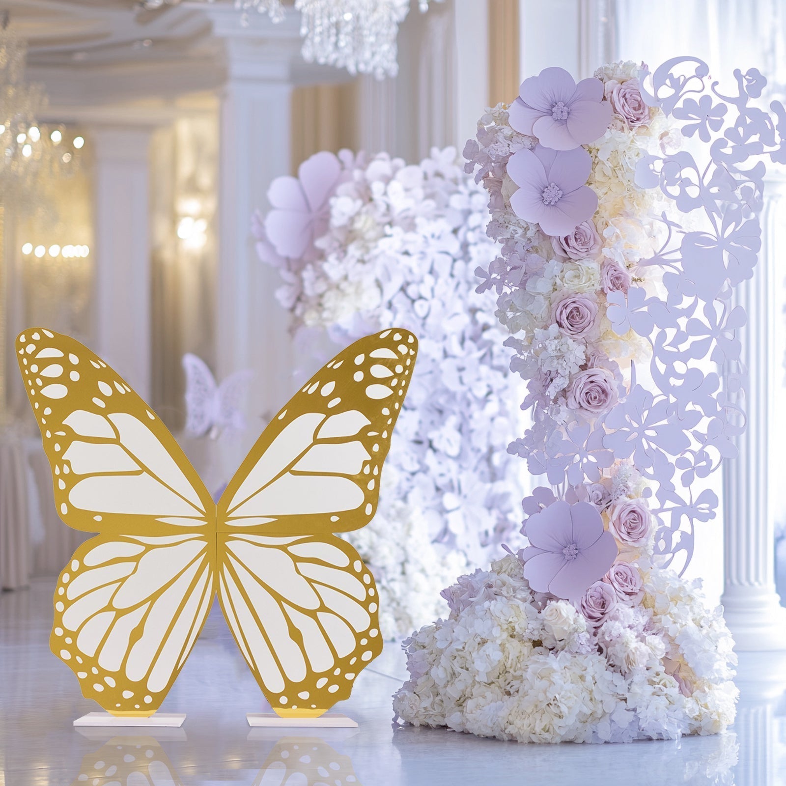 3ft Large Butterfly Party Props Decor, White and Gold Butterfly Foamboard Stand - Bell Racket Store