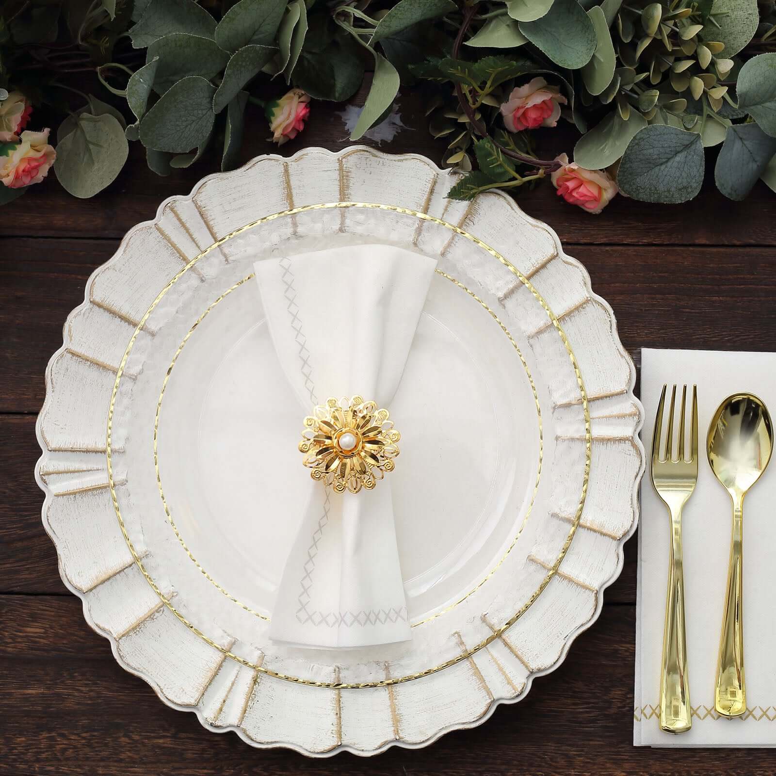 4 Pack 2" Elegant Gold Metal Pearl Floral Serviette Napkin Rings, Daffodil Flower Buckle Napkin Holders - Bell Racket Store