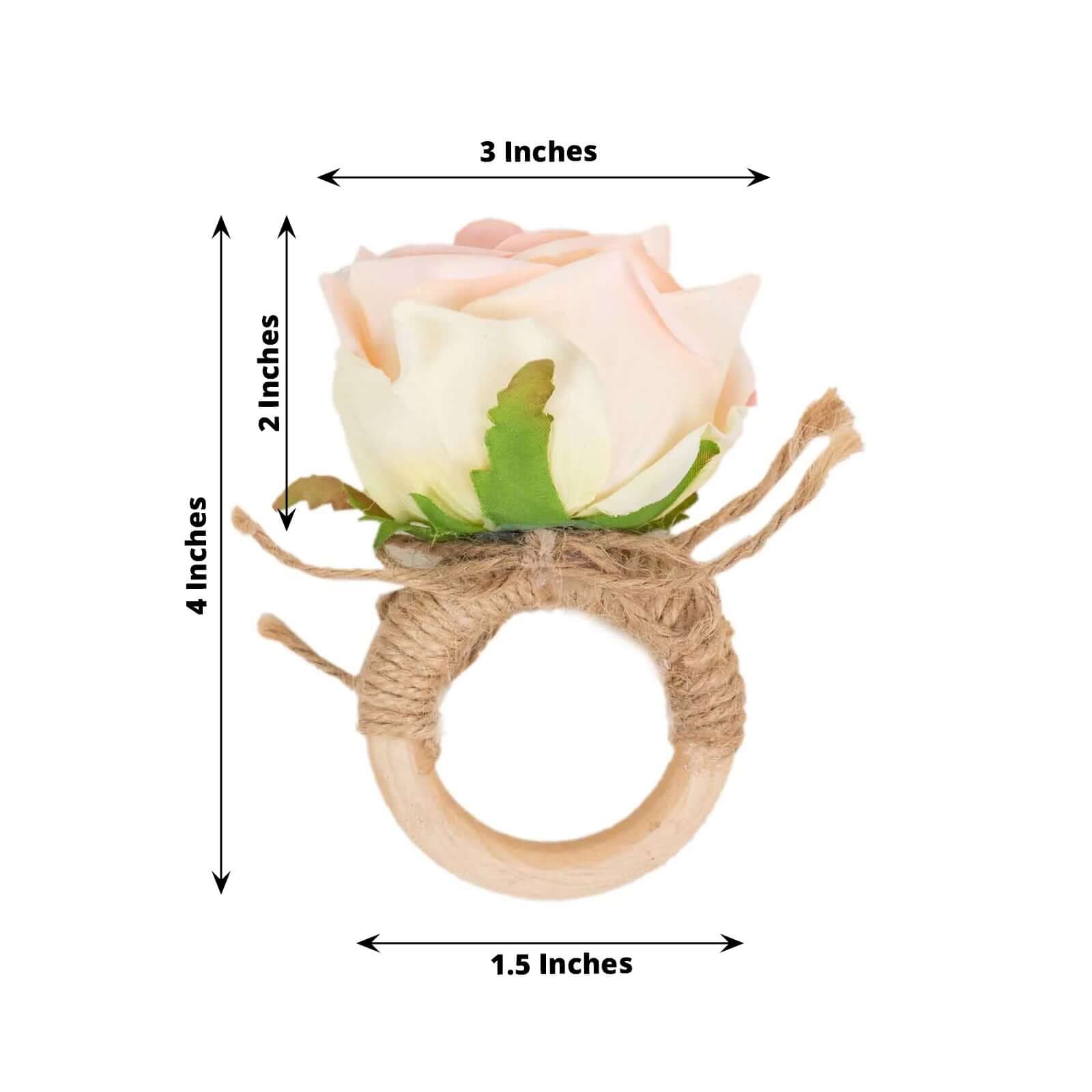 4 Pack Blush Artificial Rose Flower Wooden Napkin Holders, Farmhouse Country Floral Napkin Rings - 4" - Bell Racket Store
