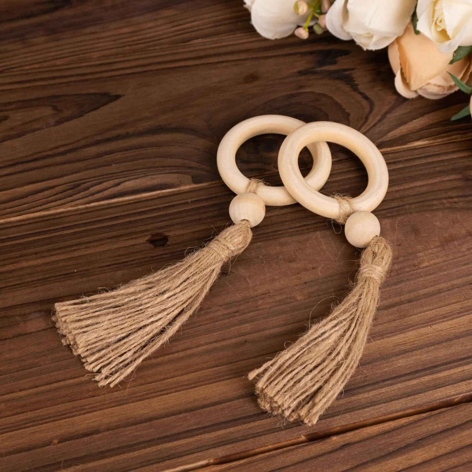 4 Pack Cream Wooden Napkin Rings with Woven Jute Beaded Tassel, Rustic Boho Chic Serviette Buckles - Bell Racket Store