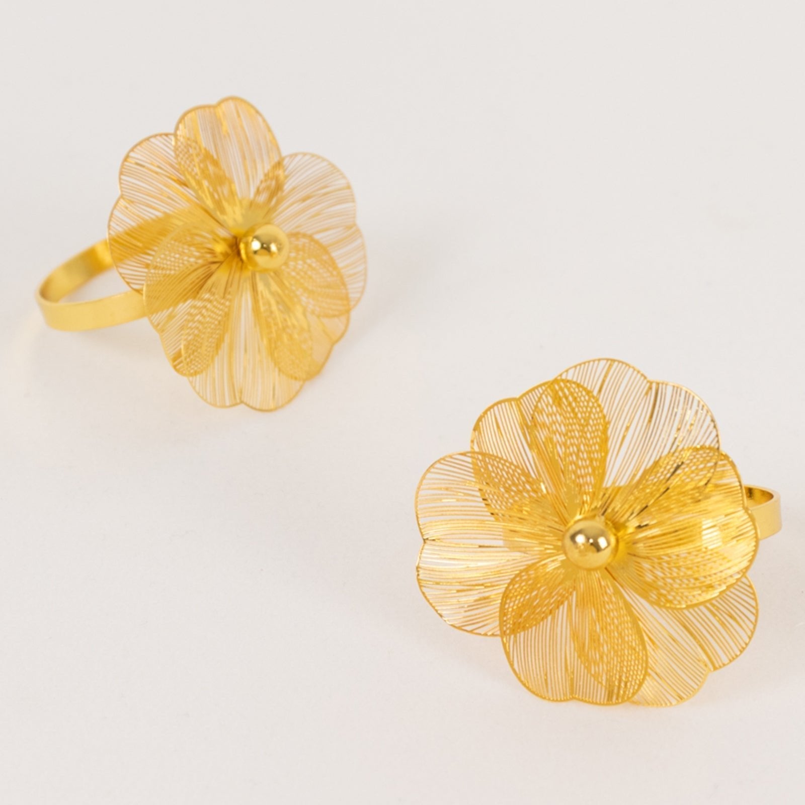 4 Pack Gold Metal Jasmine Flower Napkin Holders with Pearl Center, Decorative Floral Napkin Ring Bands - 2" - Bell Racket Store