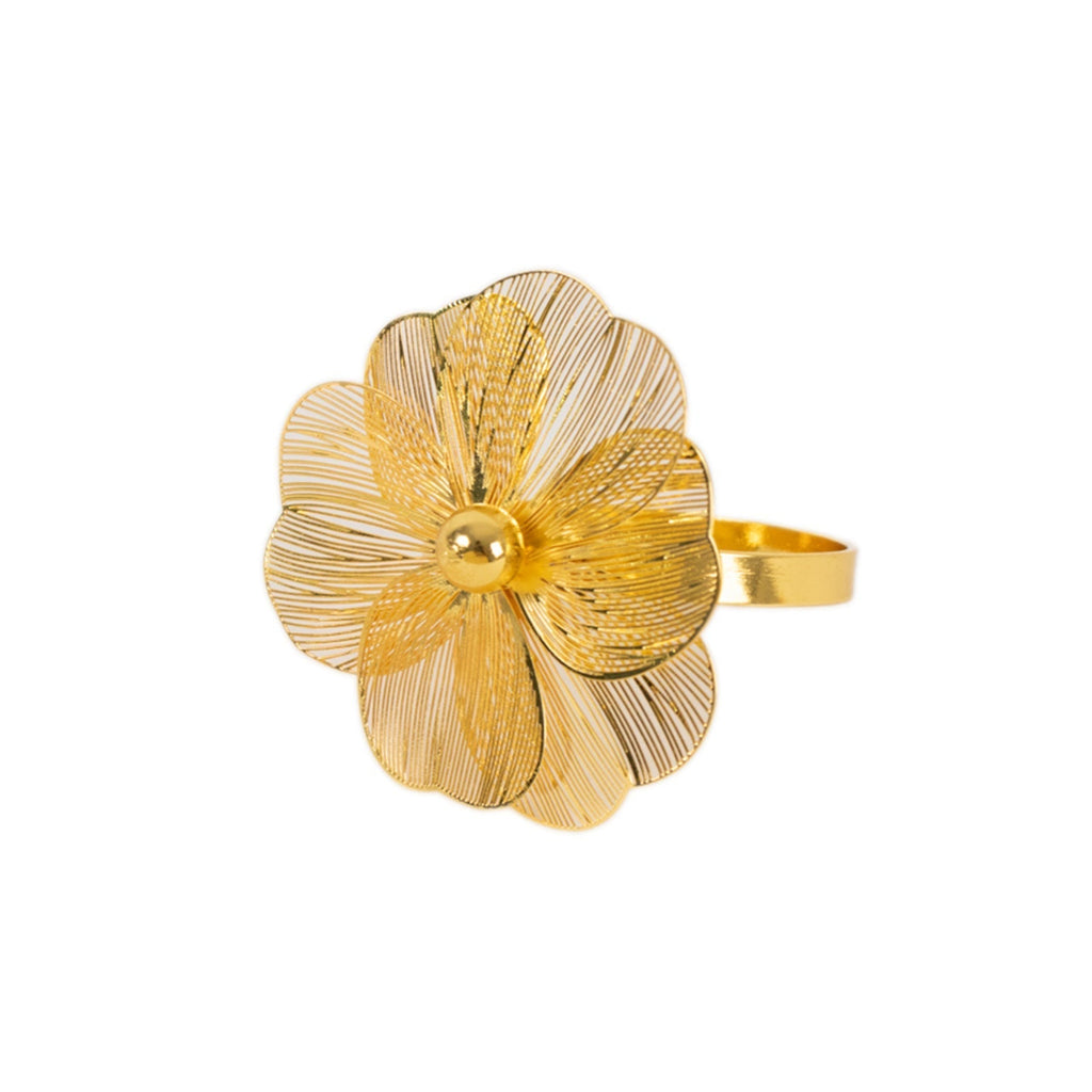 4 Pack Gold Metal Jasmine Flower Napkin Holders with Pearl Center, Decorative Floral Napkin Ring Bands - 2" - Bell Racket Store