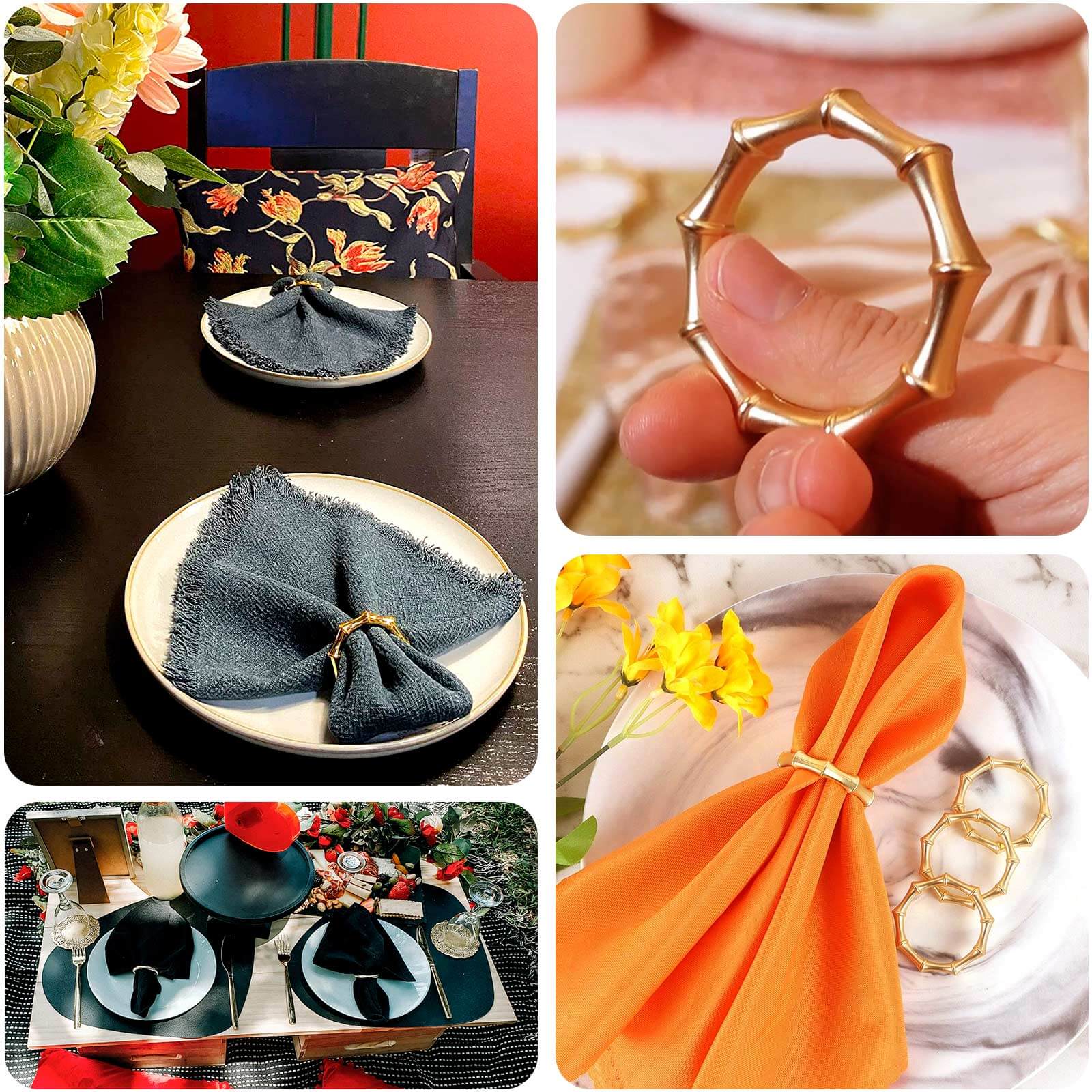 4 Pack Gold Metal Napkin Rings Bamboo Knuckle Style, Modern Serviette Holders - 2" - Bell Racket Store