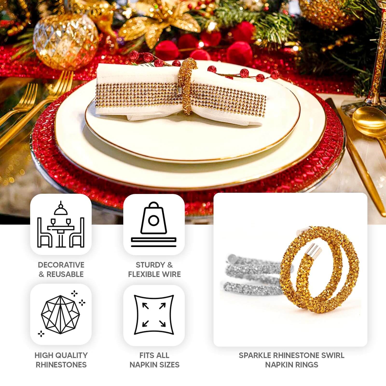4 Pack Gold Rhinestone Swirl Napkin Rings, Sparkle Cloth Napkin Holders - Bell Racket Store