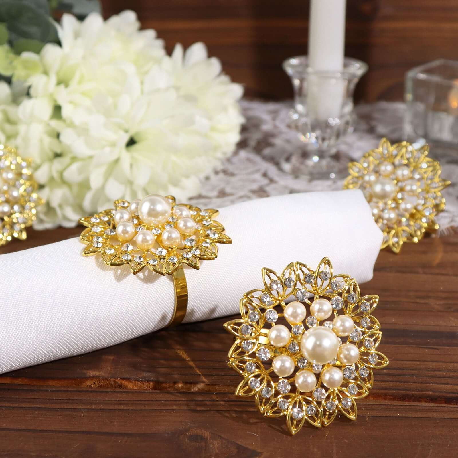 4 Pack Pearl And Diamond Rhinestone Flower Gold Metal Napkin Rings, Decorative Napkin Buckle Holders - Bell Racket Store