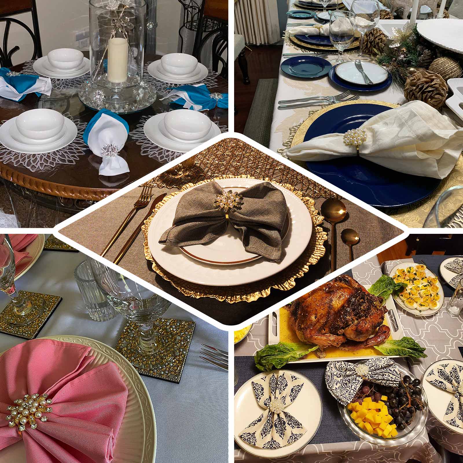 4 Pack Pearl And Diamond Rhinestone Flower Gold Metal Napkin Rings, Decorative Napkin Buckle Holders - Bell Racket Store