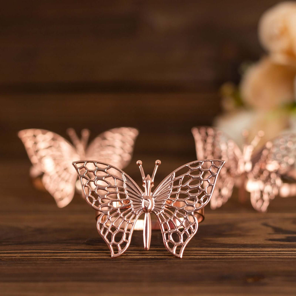 4 Pack Rose Gold Metal Butterfly Napkin Rings, Decorative Laser Cut Cloth Napkin Holders - Bell Racket Store