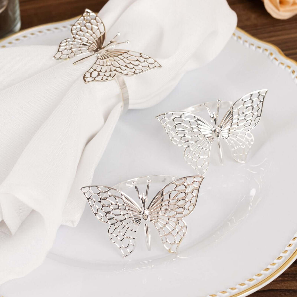 4 Pack Silver Metal Butterfly Napkin Rings, Decorative Laser Cut Cloth Napkin Holders - Bell Racket Store