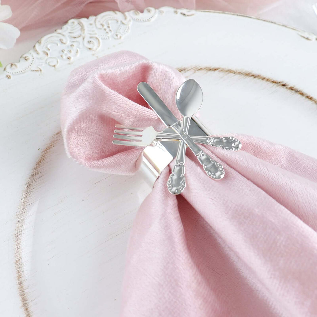 4 Pack Silver Metal Fork Knife Spoon Design Napkin Rings - Utensil Themed Napkin Holders - Bell Racket Store