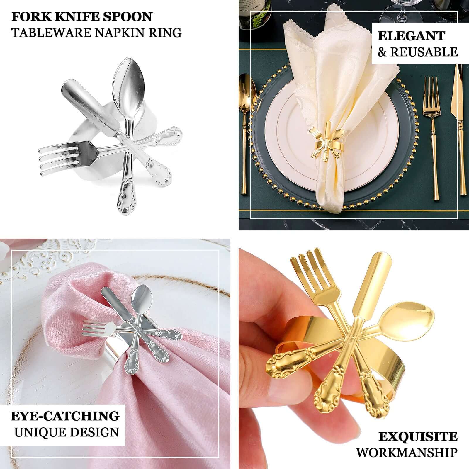 4 Pack Silver Metal Fork Knife Spoon Design Napkin Rings - Utensil Themed Napkin Holders - Bell Racket Store