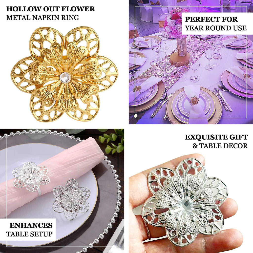 4 Pack Silver Metal Hollow Sun Flower Napkin Rings, Modern Flower Shaped Napkin Bands - Bell Racket Store