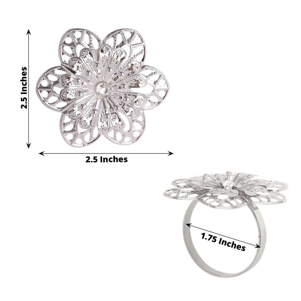4 Pack Silver Metal Hollow Sun Flower Napkin Rings, Modern Flower Shaped Napkin Bands - Bell Racket Store