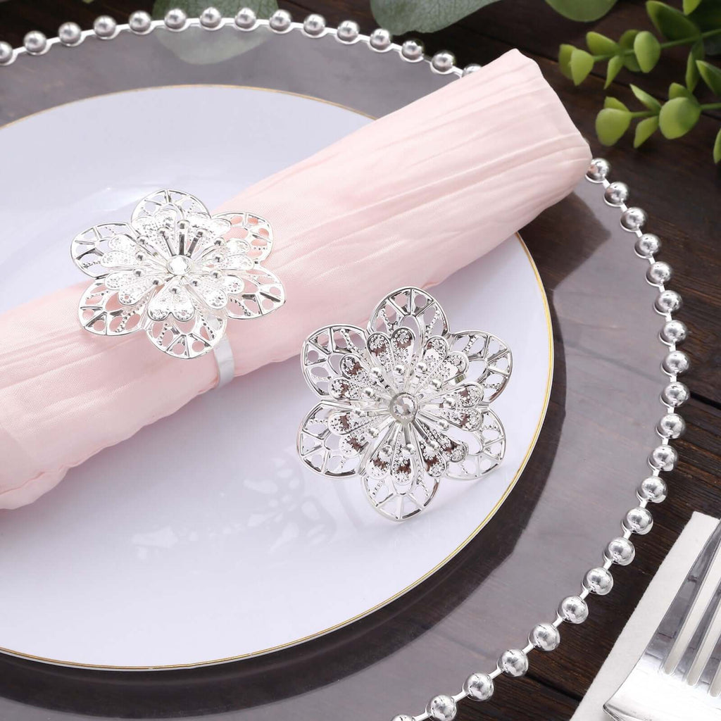 4 Pack Silver Metal Hollow Sun Flower Napkin Rings, Modern Flower Shaped Napkin Bands - Bell Racket Store