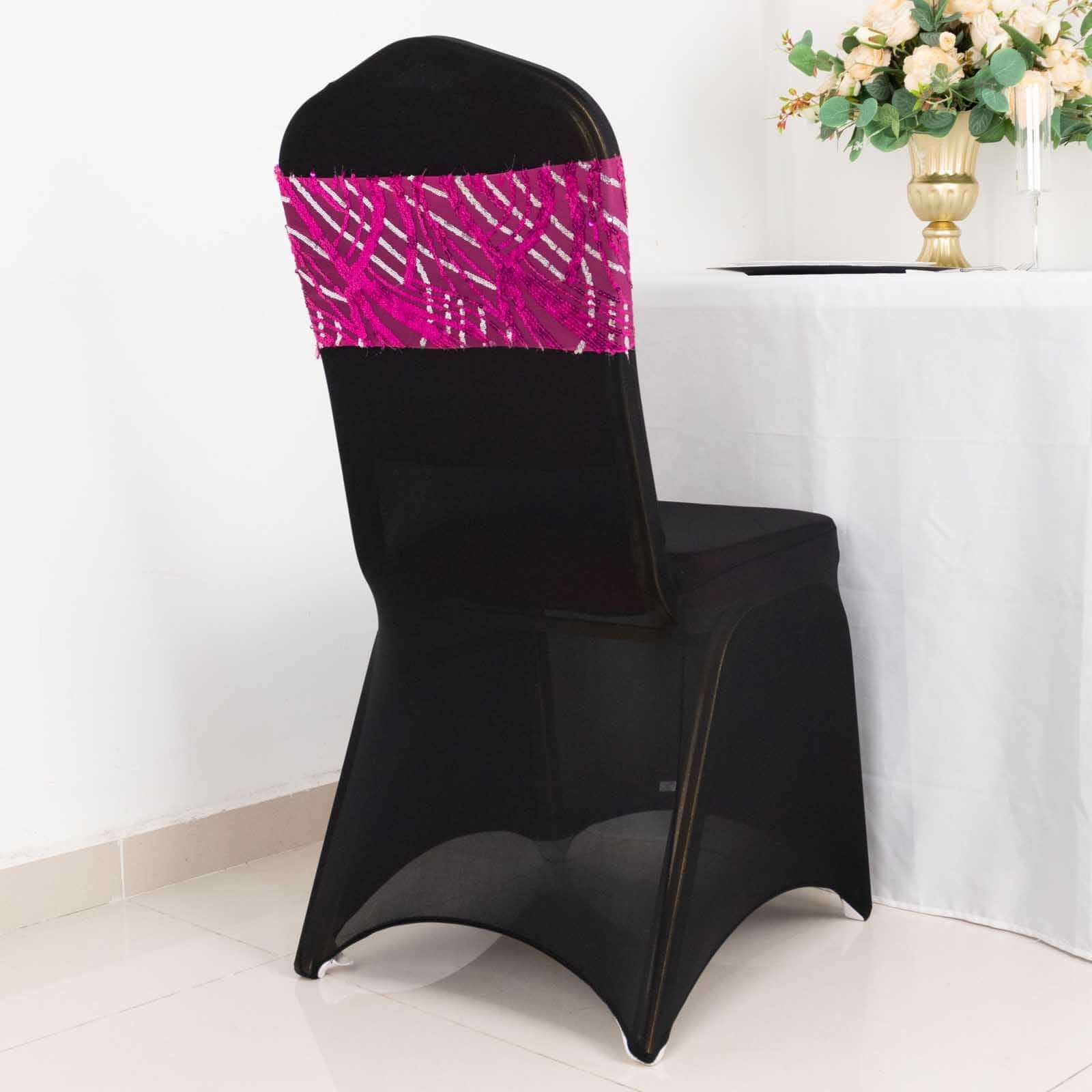 5 Pack Chair Sash Bands with Wave Embroidered Sequins Fuchsia/Silver - Bell Racket Store