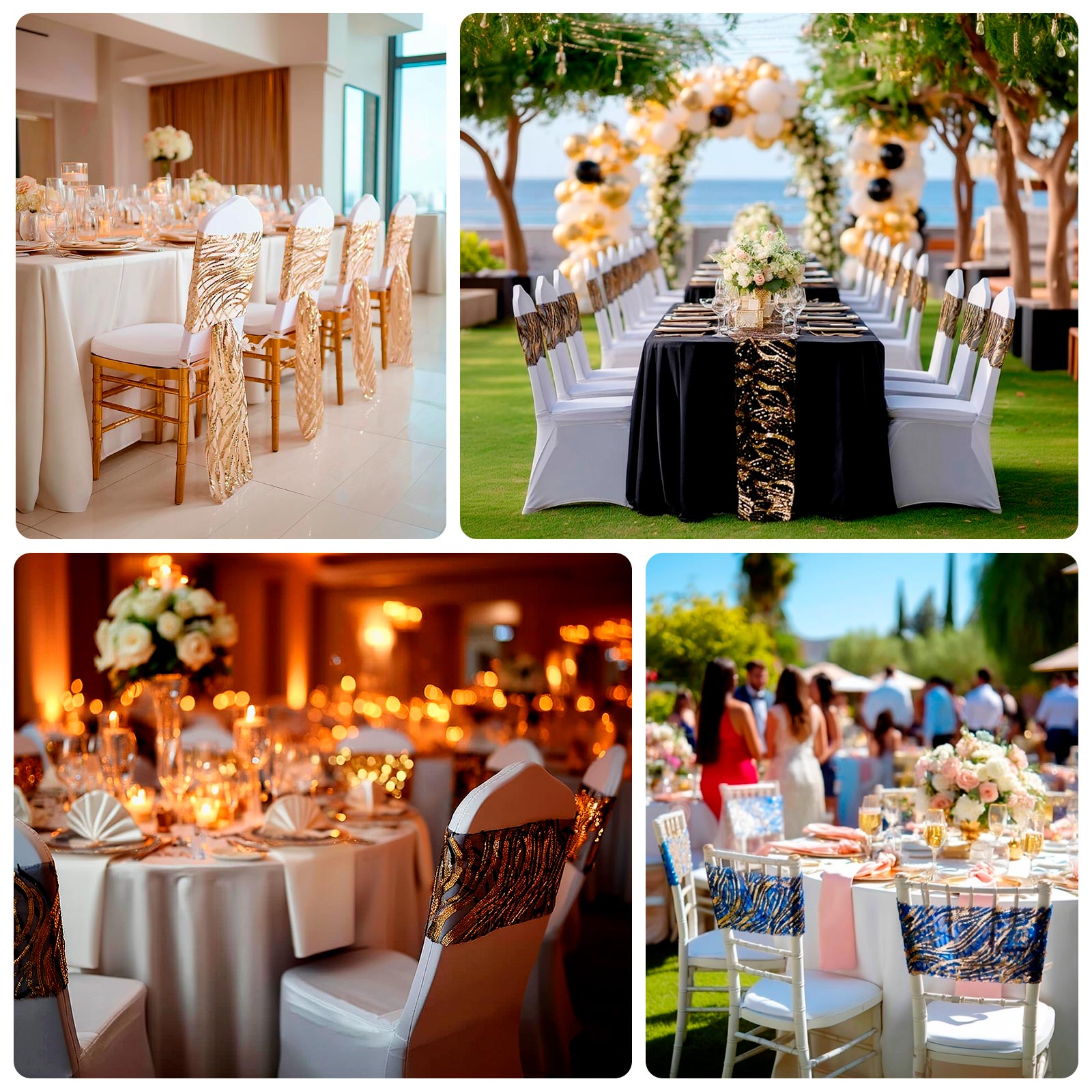 5 Pack Chair Sash Bands with Wave Embroidered Sequins Gold - Gleaming Accent for Weddings & Banquets - Bell Racket Store