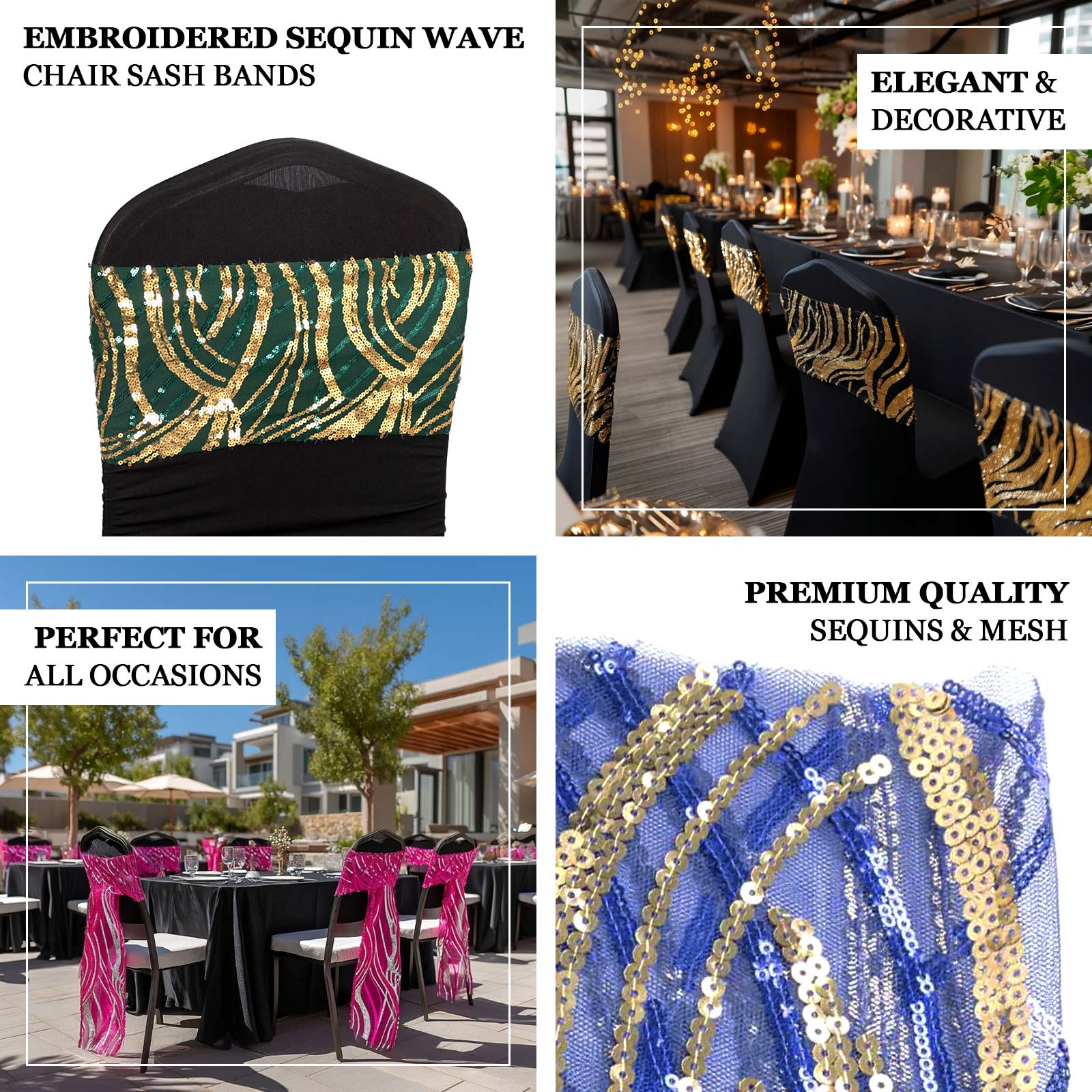 5 Pack Chair Sash Bands with Wave Embroidered Sequins Rose Gold/Gold - Bell Racket Store